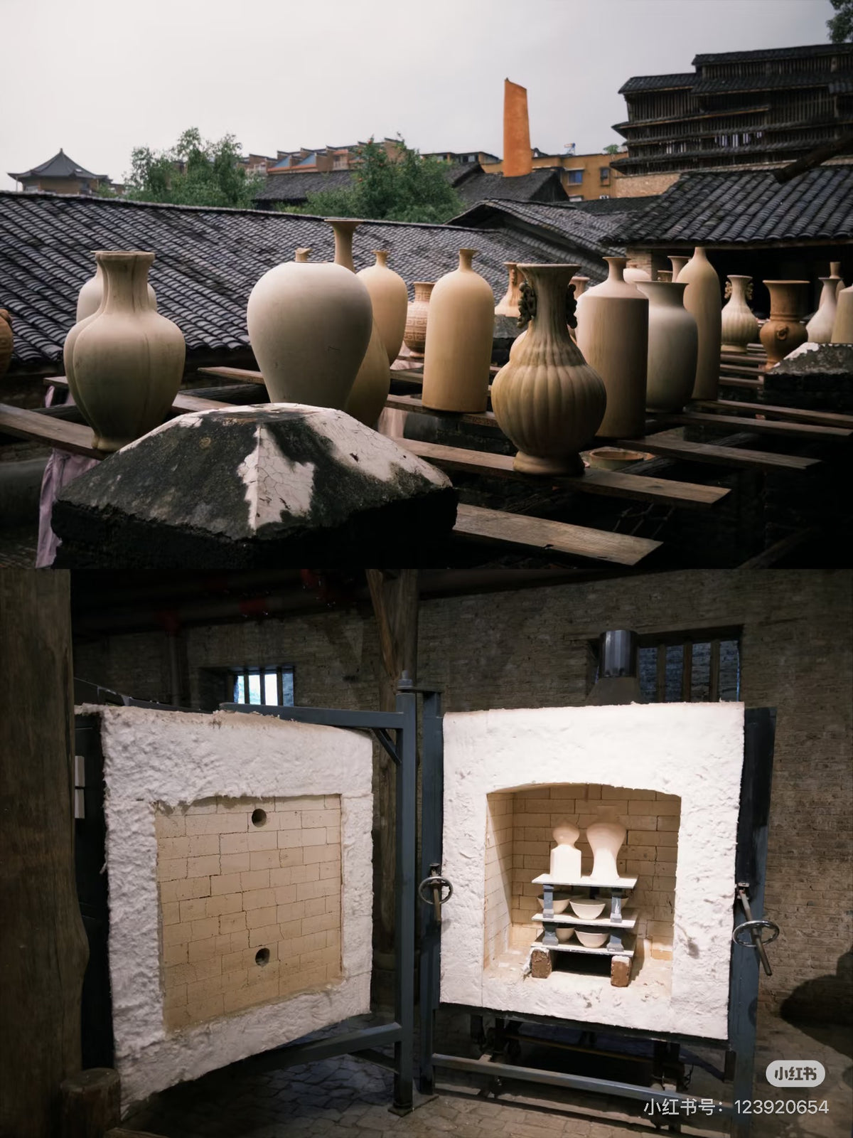 Pottery on timber shelves and a kiln interior