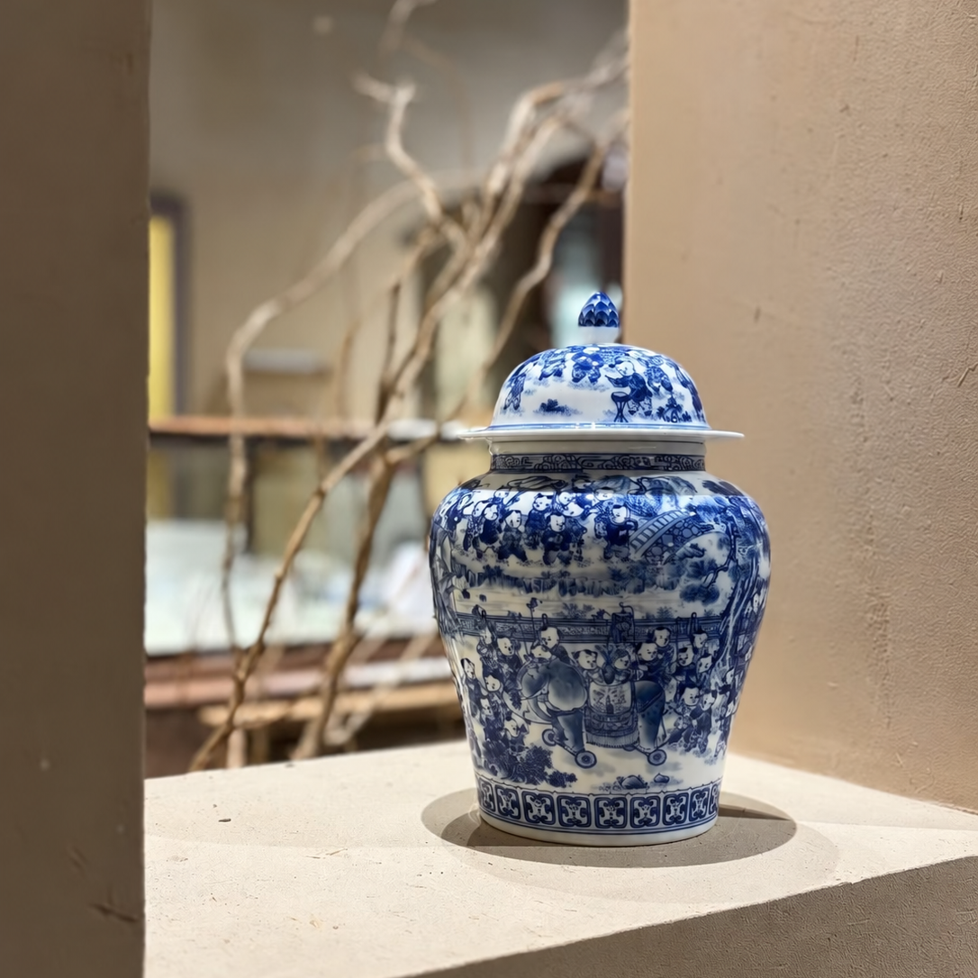 Lidded blue-and-white porcelain jar in natural light