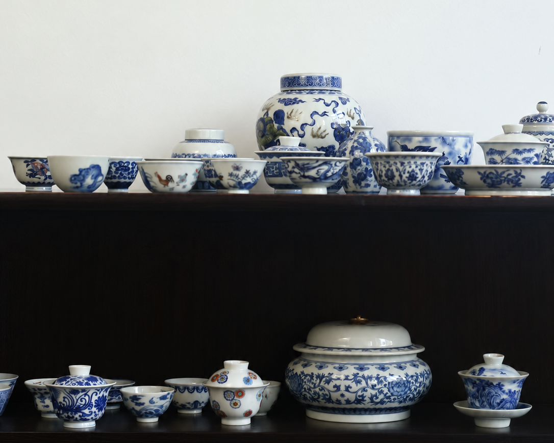 Porcelain jars, bowls and cups arranged on two shelves